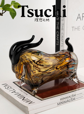 轻奢牛运亨通招财手工琉璃牛摆件桌面客厅装饰品样板间书房办公室