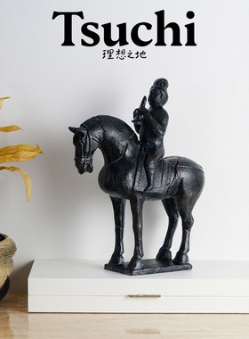 人物雕塑骑马摆件新中式复古样板房玄关茶几搭配软装马到成功装置