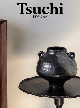 侘寂风蓝绿双耳黑釉花瓶