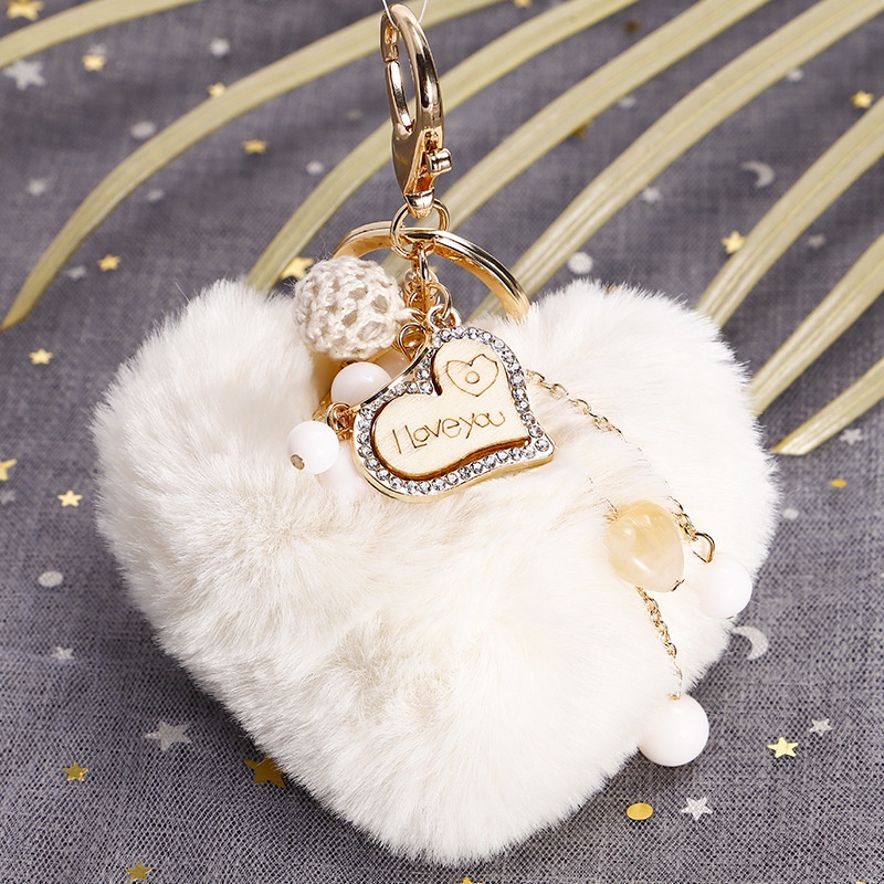 秋冬新款心形毛绒钥匙扣木头爱心吊坠钥匙链百搭包包时尚挂件