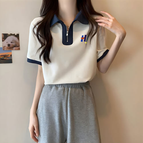 上衣夏季新款女装复古休闲短袖女polo领拉链t恤胖妹妹遮肚子0416d