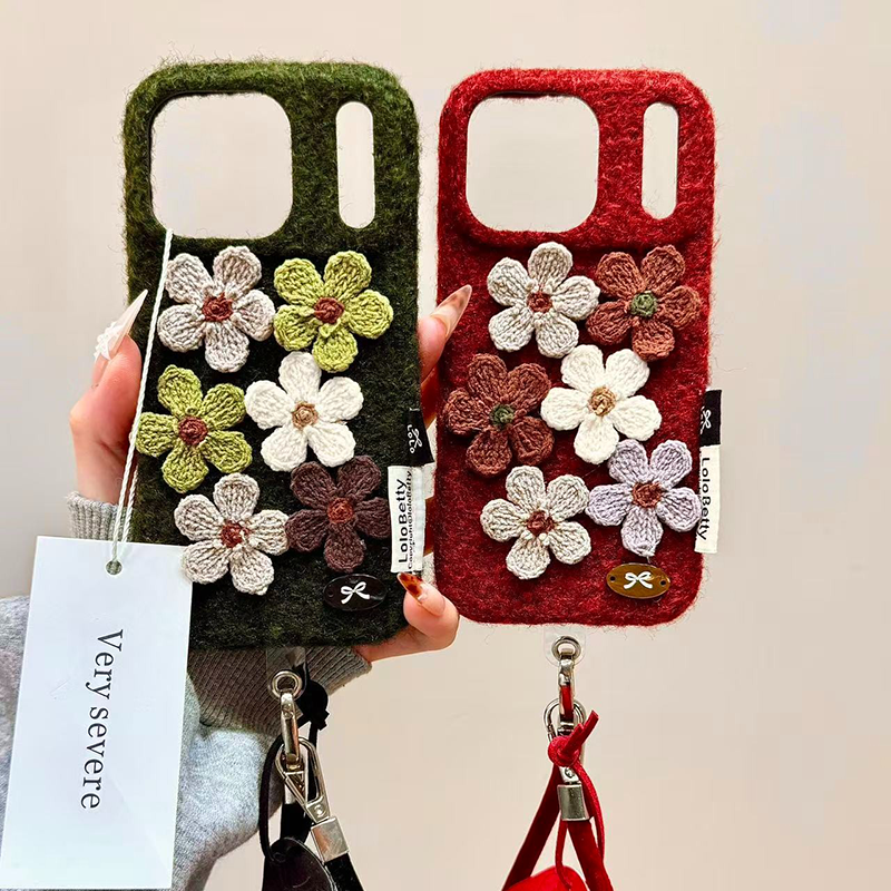 庞壳 高级感毛绒立体编织花朵手拎绳适用苹果17promax手机壳iphone16新款15pro女款14pm全包保护壳
