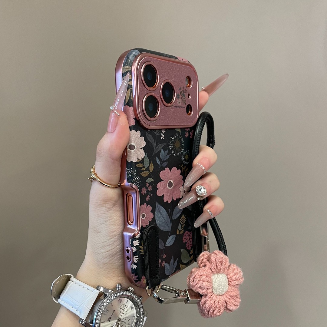 庞壳 双1复古黑底粉色雏菊大视窗适用iPhone17手机壳16pro韩系15防摔14promax保护套13pro手机壳