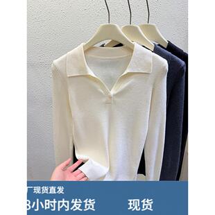 韩版翻领长袖针织衫女早春新款套头修身显瘦百搭打底毛衣上衣