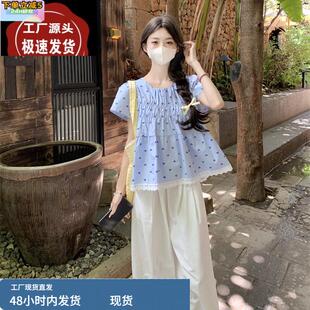 湖蓝色泡泡袖短袖上衣女初夏独特漂亮柠檬海盐明媚穿搭娃娃衫T恤