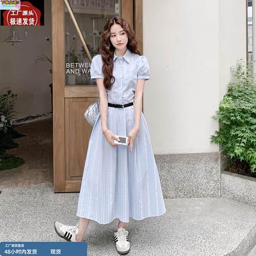 蓝色泡泡袖条纹连衣裙女2025夏季新款韩系甜美气质收腰显瘦衬衫裙