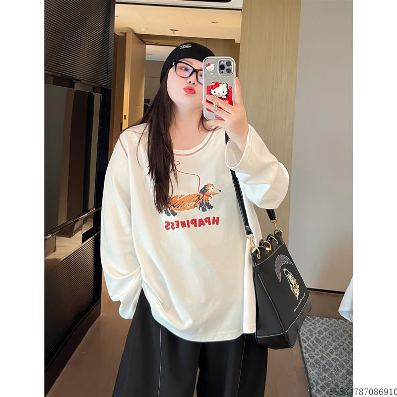 胖mm大码女装秋季新款宽松狗狗撞色明线减龄百搭长袖圆领T恤衫女