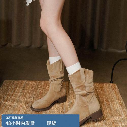梨小七~秋冬覆古风圆头西部靴女时尚废土风简约褶皱套脚骑士靴子