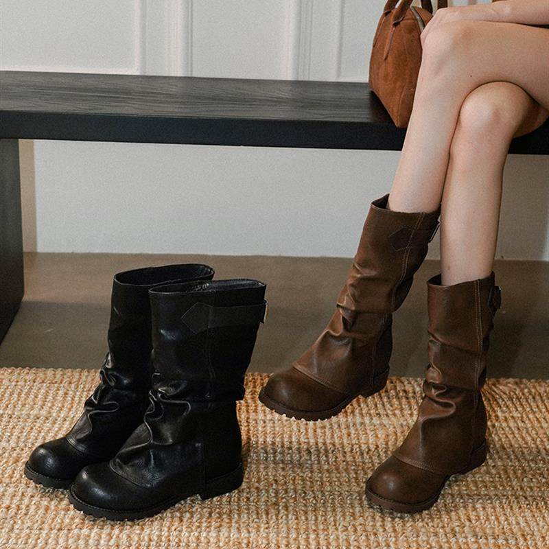 梨小七~甜酷风真皮圆头显瘦裤管靴女炸街圆头百搭粗跟时尚西部靴