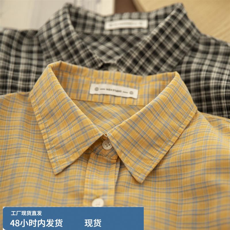 慢谱曲 秋新文艺小清新纯棉格子衬衫女宽松长袖学生衬衣薄外套潮