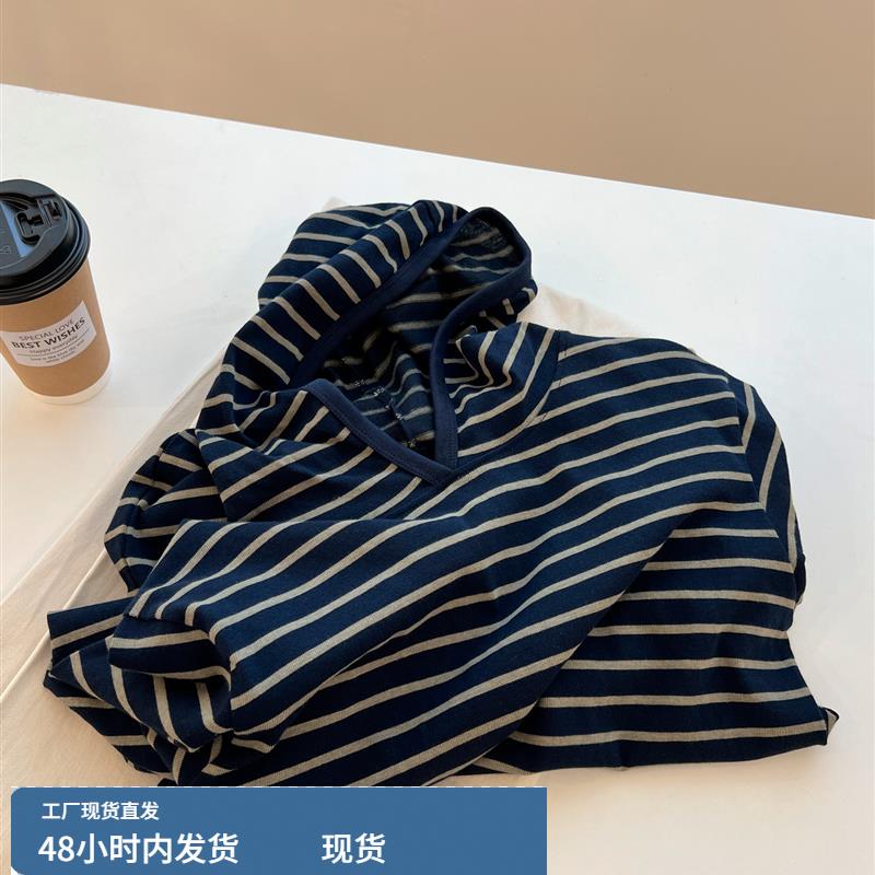 韩版覆古时髦深蓝色条纹套头卫衣帽衫女内搭长袖t恤打底衫秋季潮