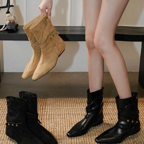 梨小七~小方头真皮皮带扣西部靴女低跟覆古百搭宽筒显瘦小众短靴