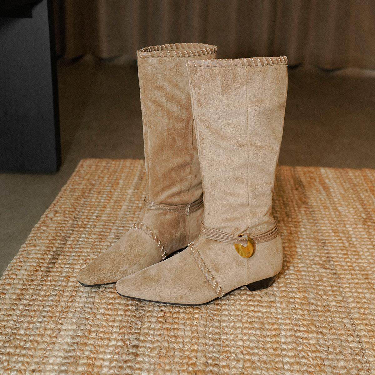 梨小七~不过膝百搭骑士靴女废土风沙漠低跟绒面覆古小众西部靴子