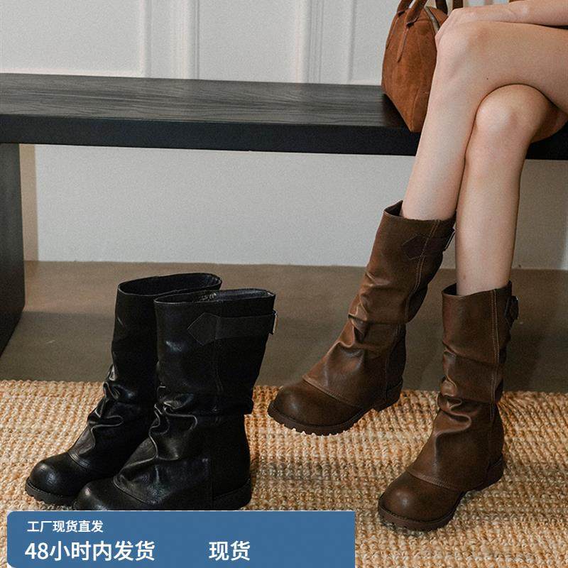 梨小七~甜酷风真皮圆头显瘦裤管靴女炸街圆头百搭粗跟时尚西部靴