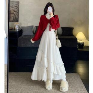 胖mm大码超好看独特漂亮绝美红色套装裙冬装一整套圣诞穿搭两件套