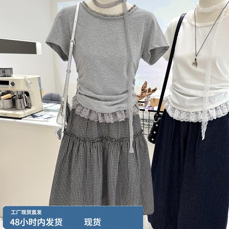 夏季新款韩国货高品质松紧腰木耳标半身裙女宽松休闲a字格子短裙