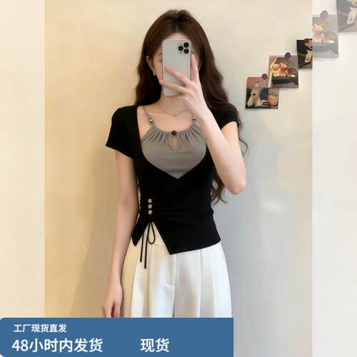 黑灰撞色假两件短袖t恤女2026新款夏季特别漂亮掐腰上衣美式穿搭