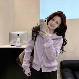 紫色双拉链针织开衫毛衣女款2026新款冬季韩系慵懒风韩系穿搭上衣