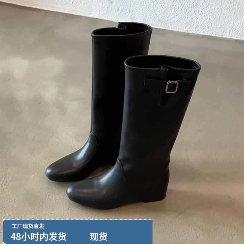 牛皮版~大宽筒遮肉黑色骑士靴女皮带扣覆古内增高秋冬不过膝长靴