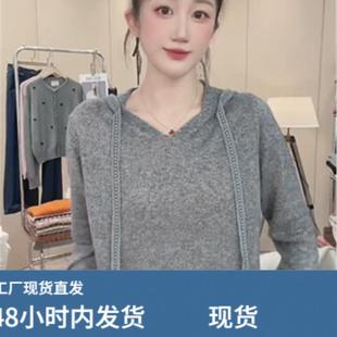 韩版时尚潮流镂空飘带针织连帽衫女秋季新款宽松休闲显瘦套头毛衣