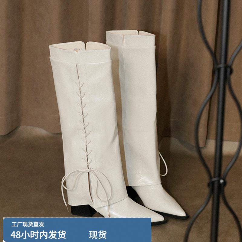 ~法式英伦风真皮系带蝴蝶结骑士靴尖头粗跟不过膝遮肉长靴