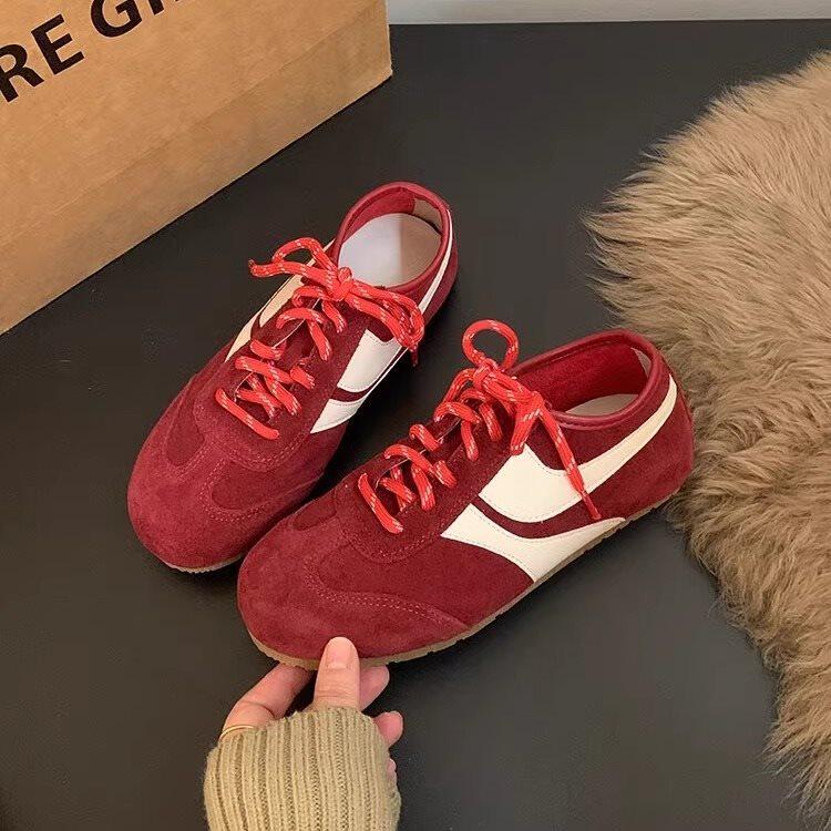 牛皮版！红色复古保龄球鞋小个子内增高德训鞋女鞋春夏时尚阿甘鞋