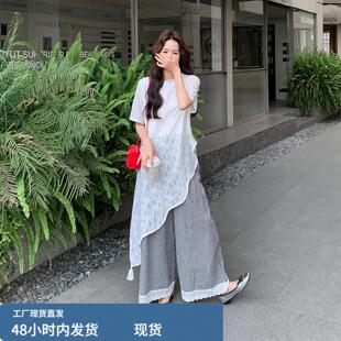 C612度假风罩衫格子阔腿裤两件套278/308