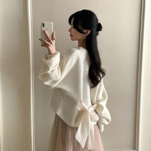法式温柔风后腰绑带蝴蝶结设计感毛衣女秋冬宽松显瘦气质保暖上衣