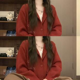 酒红色提花针织开衫毛衣女款2026新款冬季可外穿内搭过年新年穿搭