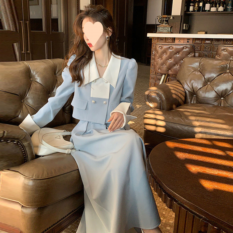 小香风短款高腰半身裙拼接两件套