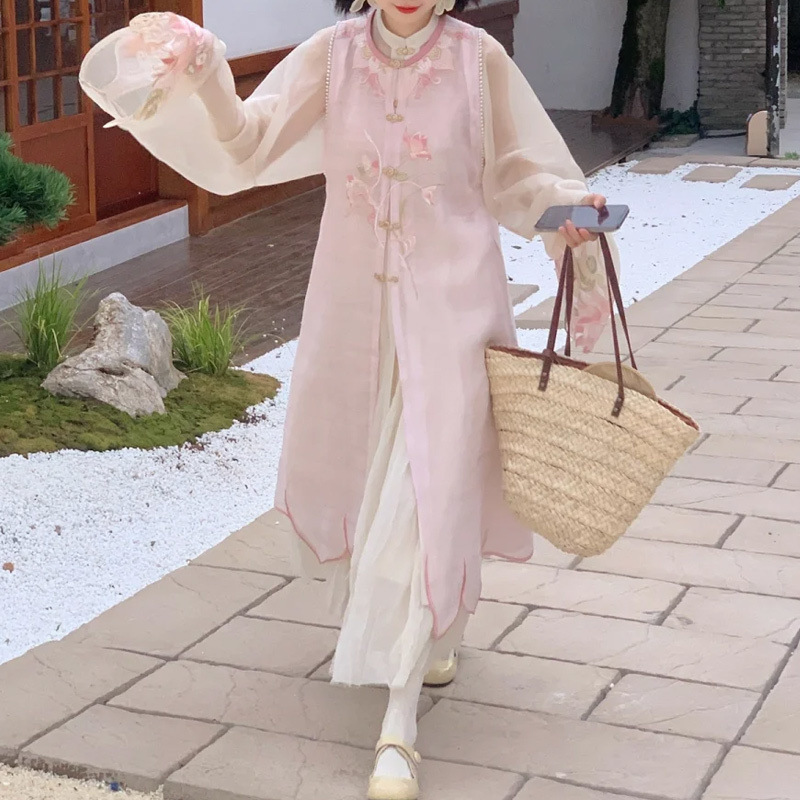 清新马甲长袖上衣半身裙出游套装