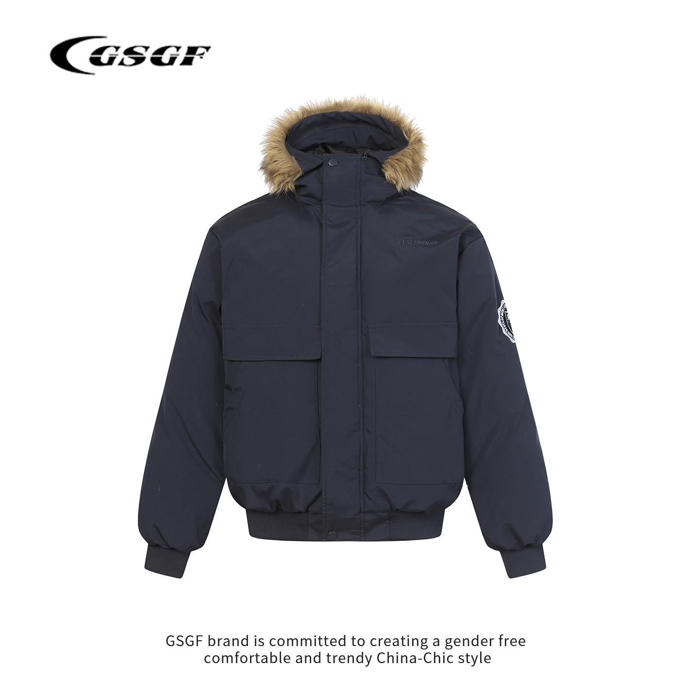 GSGF美式口袋大毛领工装派克服棉