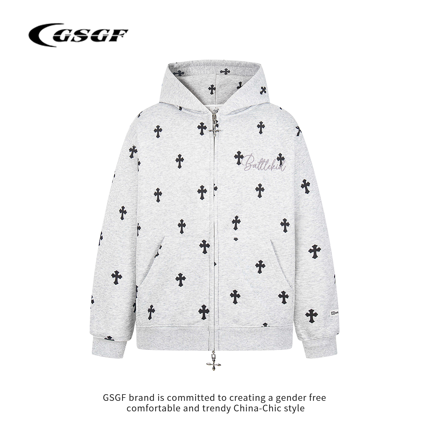 GSGF美式复古十字架印花连帽卫衣