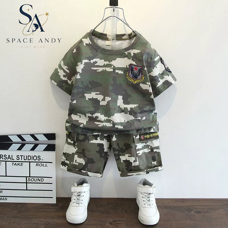 法国SA男童夏季薄款短袖迷彩服套装军装特种兵夏令营演出服两件套