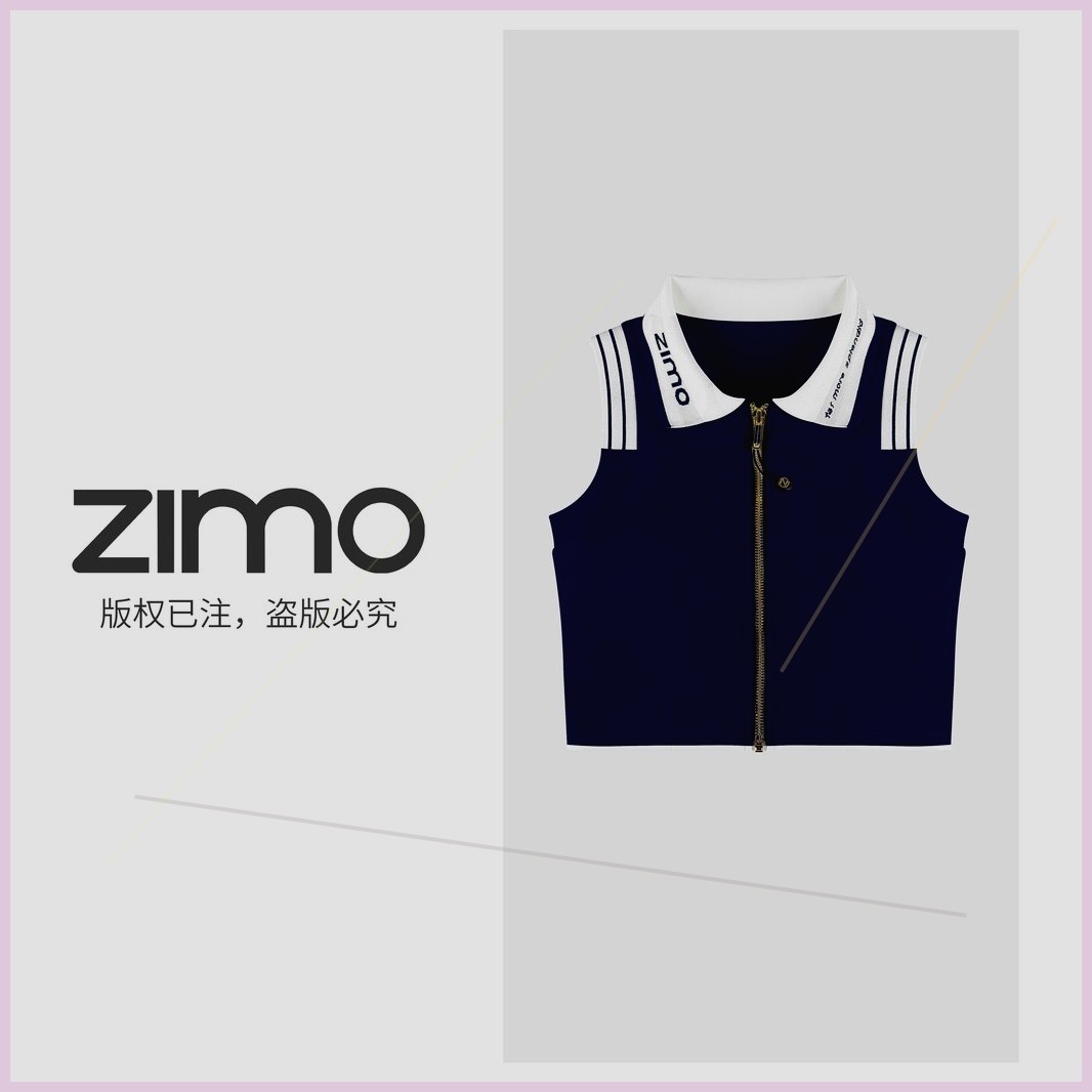 【秋天穿搭】Polo领金拉链背心式文胸-藏青色050-zimo-瑜伽服健身