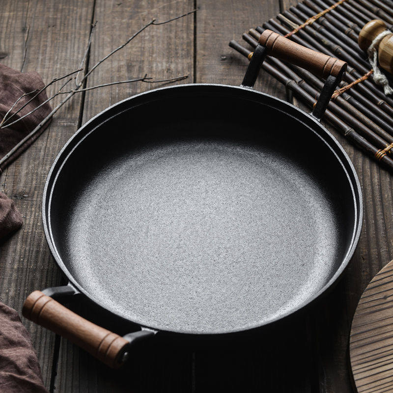 无锅水煎包锅烙饼家用平底锅不粘锅木加厚火锅把铸铁涂层加深新款