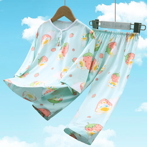 夏季长袖儿童棉绸睡衣薄款男童小男孩绵绸空调宝宝家居服女童套装