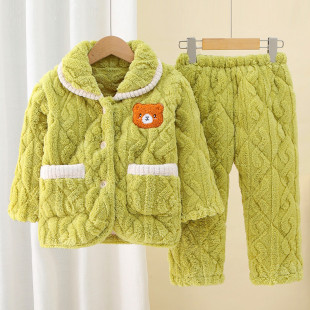 冬季 儿童加厚加绒睡衣男童女童法兰绒小孩宝宝珊瑚三层夹棉家居服