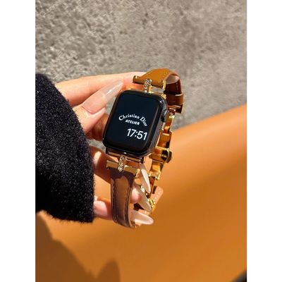 皮质凯旋门适用苹果手表S11表带S10闪钻女款iwatch9华强北S8腕带7
