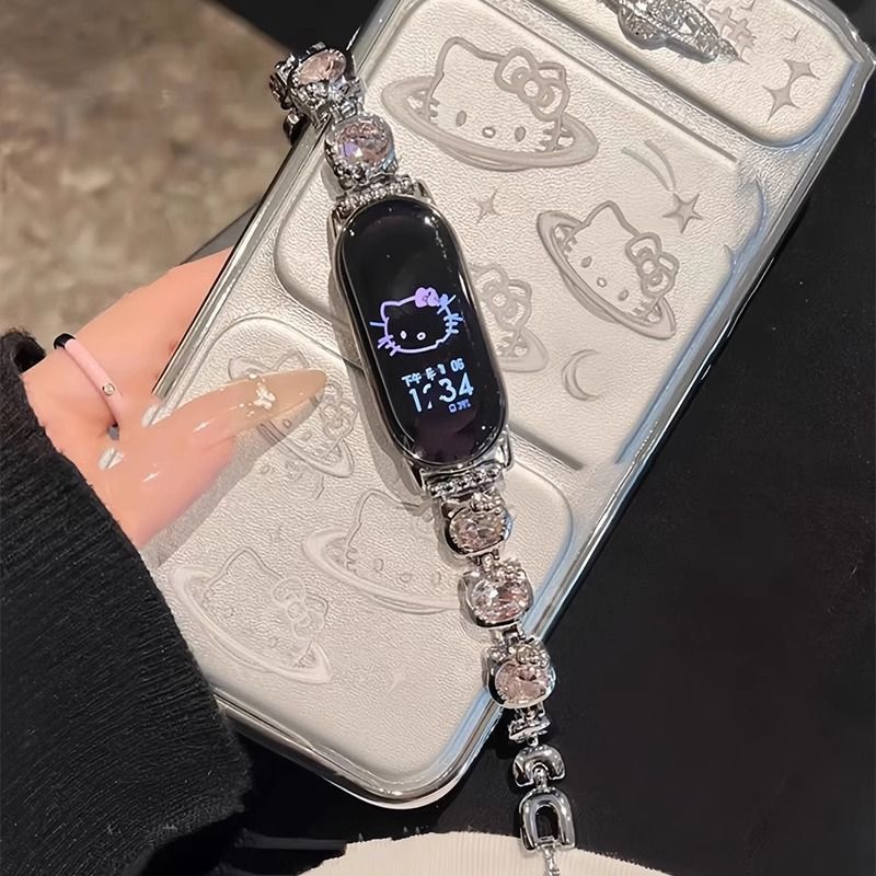 适用新款小米10NFC9凯蒂猫镶闪钻小米手环9pro8手链红米5金属腕带