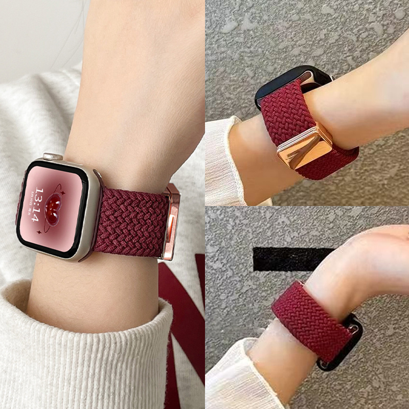 适用酒红编织磁吸扣applewatch9/8/7/6/5适用表带SE通用S10个性女