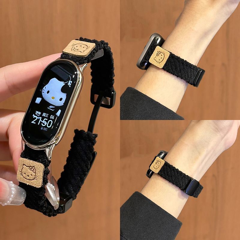 春夏季适用小米10手环表带8/9nfc灯芯绒76凯蒂猫可爱pro女红米4/5