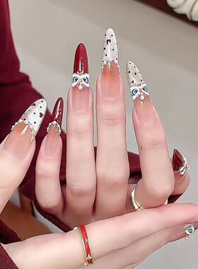 纯手工新年醒狮红色法式中长款秋冬高级猫眼气质显白穿戴甲