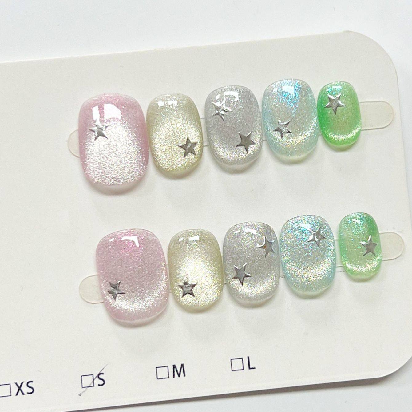2025夏季新款纯手工多巴胺彩色猫眼星星美甲穿戴短款学生ins,彩妆/香水/美妆工具,美甲工具,淘宝优惠券,粉丝福利购,淘宝优惠卷