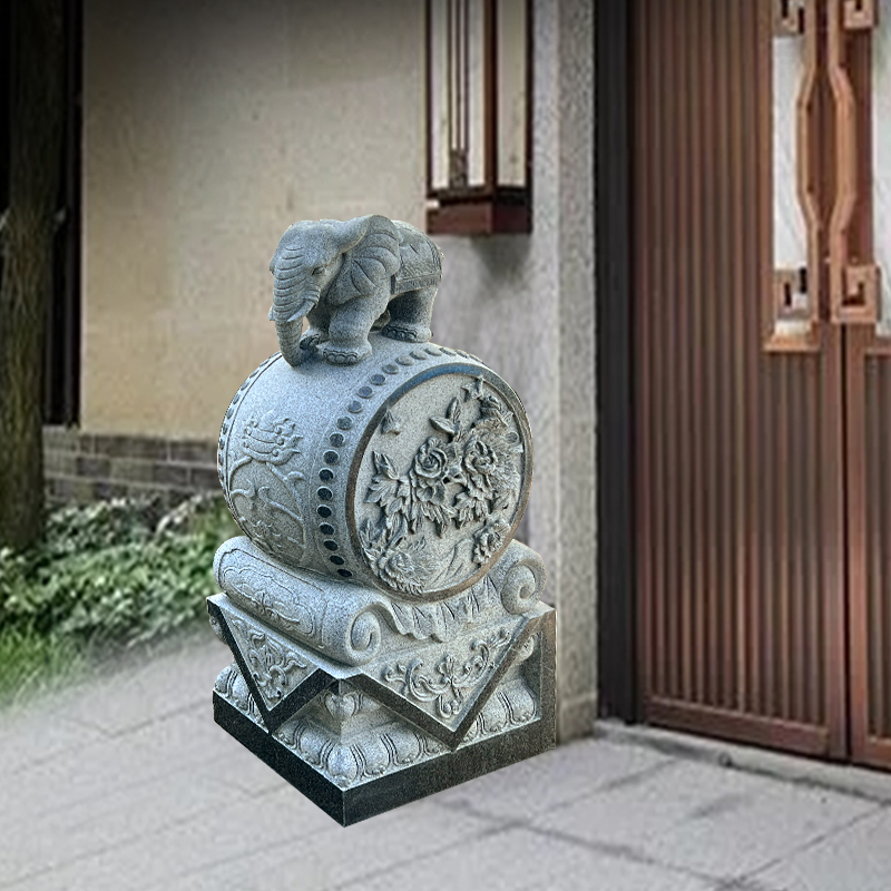 石雕门墩抱鼓石一对新中式花岗岩大象石鼓貔貅别墅庭院门口摆件