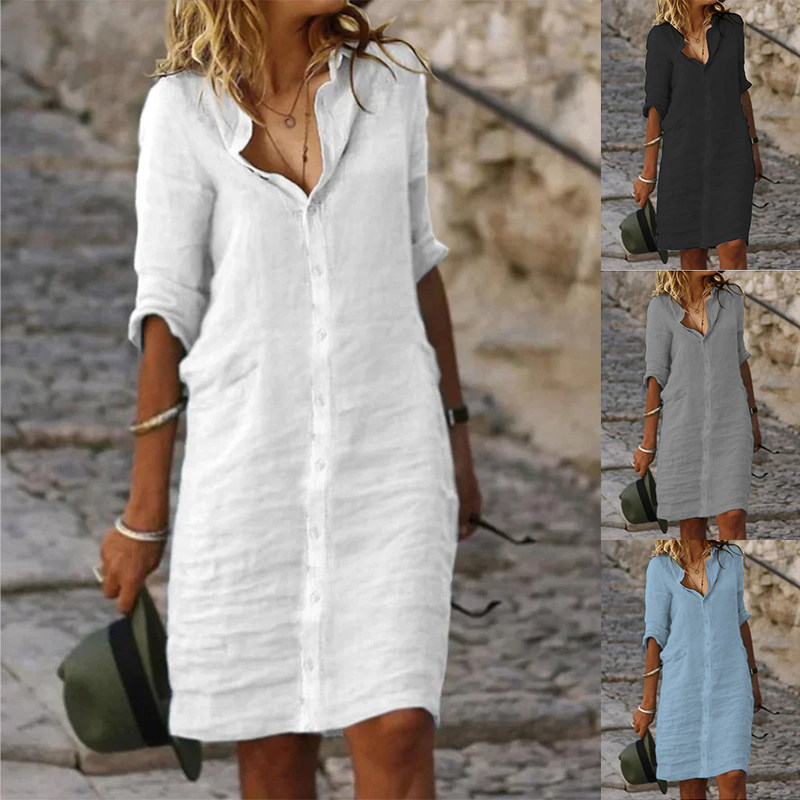 Lapel Mid Sleeve Loose fitting Dress翻领中袖宽松连衣裙中裙女