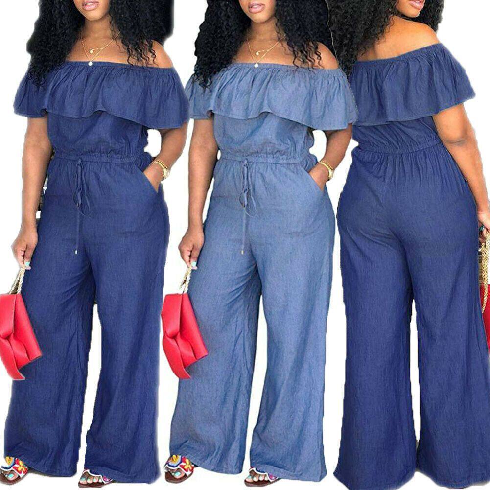Straight neck denim wide leg jumpsuit 一字领牛仔阔腿连体裤女