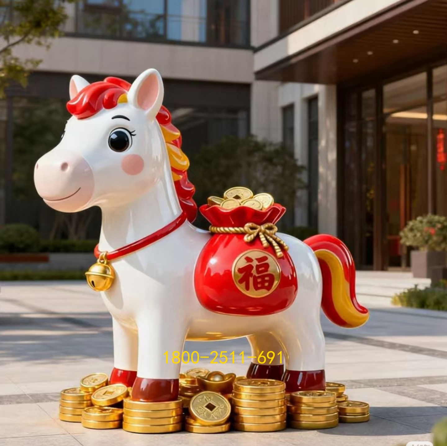 新年装饰马吉祥物玻璃钢雕塑IP形象卡通公仔模型创意马上有钱雕像