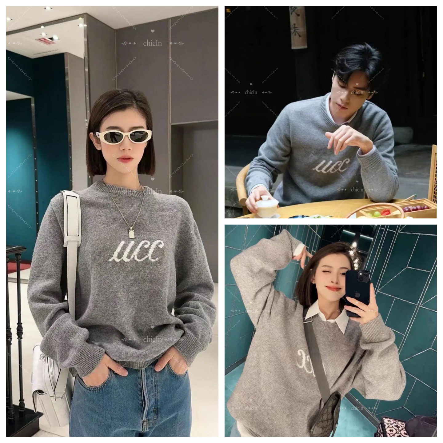 老钱风山羊绒字母圆领毛衣男女宽松套头针织衫灰色休闲2026年春季