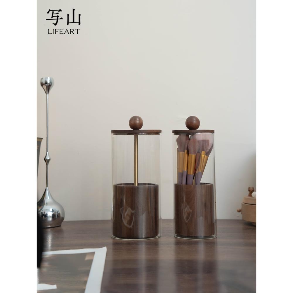 黑胡桃木化妆刷储物管便携式防尘刷桶梳妆台台式实木宿舍电梯式